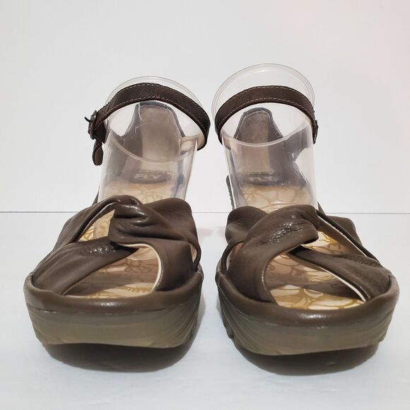 Fly London Yoel Olive Green Leather Lug Sole Peep Toe Wedge Shoes 8 - Picture 7 of 12